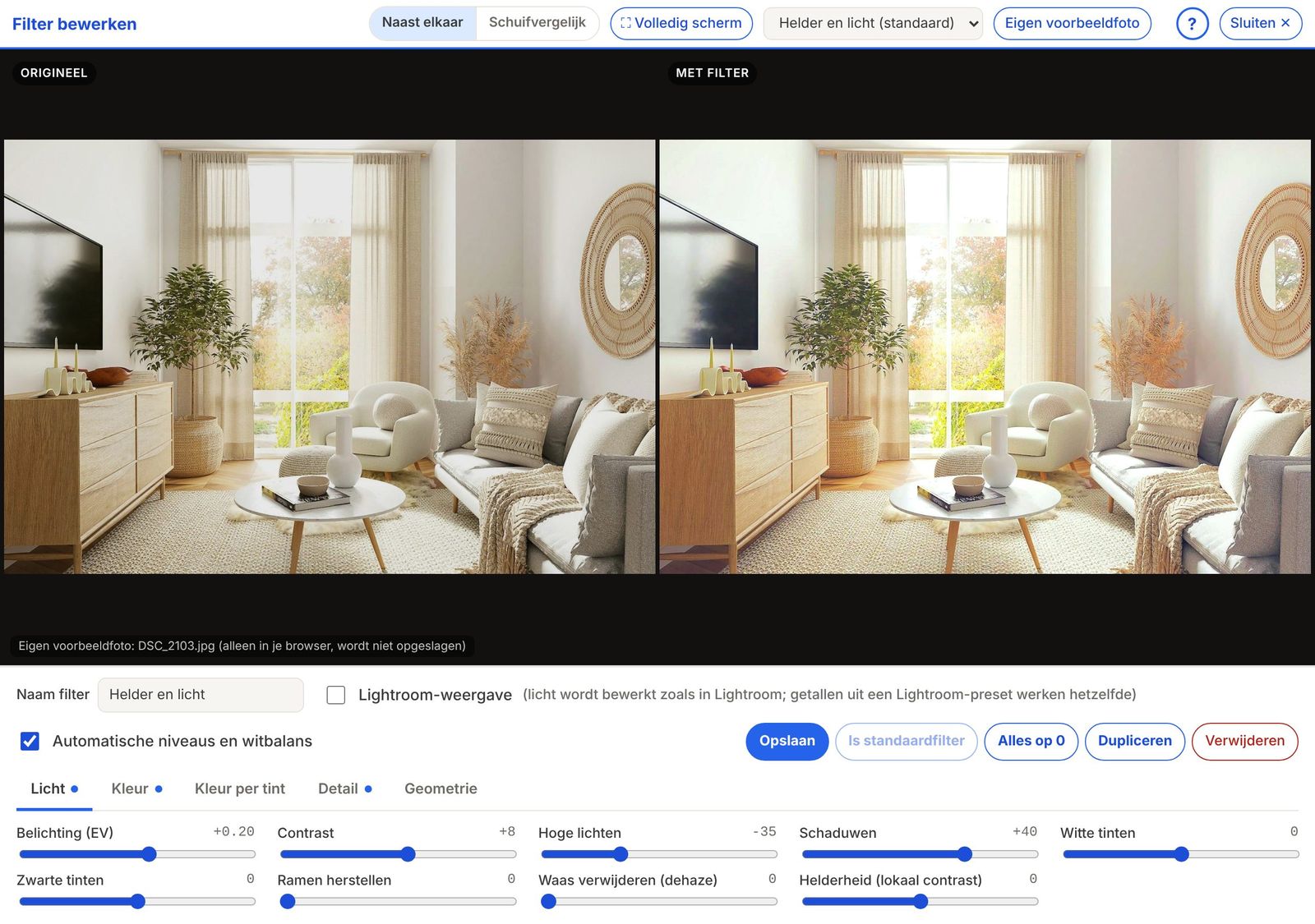 Filter bewerken met origineel en resultaat naast elkaar en schuifjes voor licht