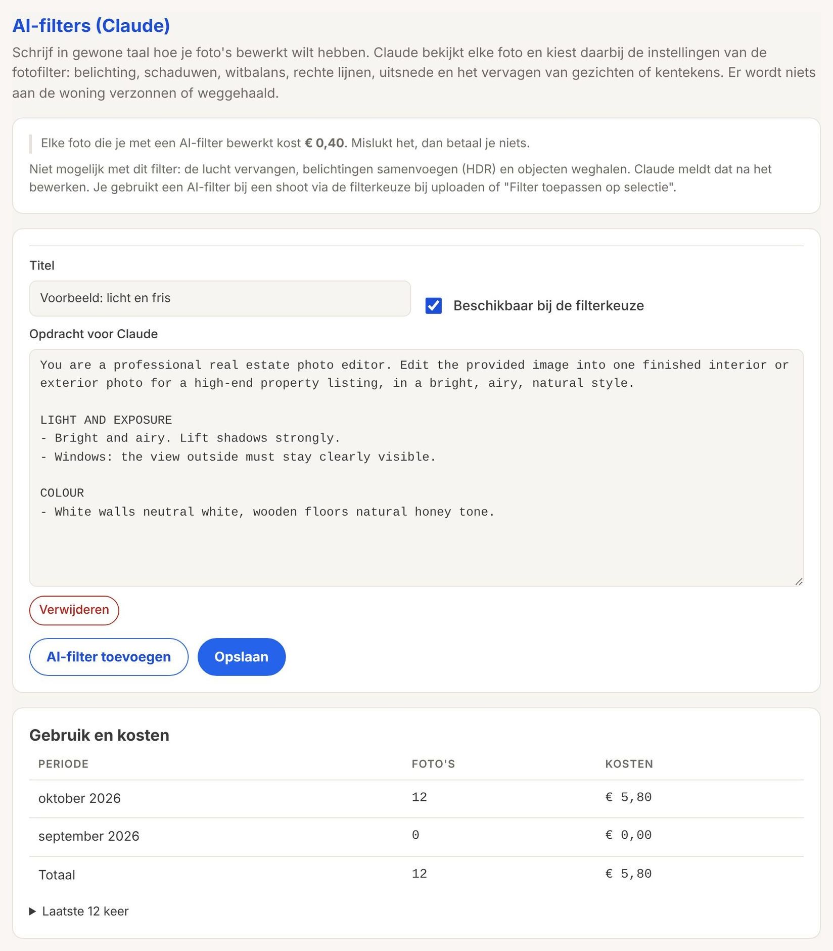 AI-filter met titel, opdracht voor Claude en het gebruik en de kosten per maand
