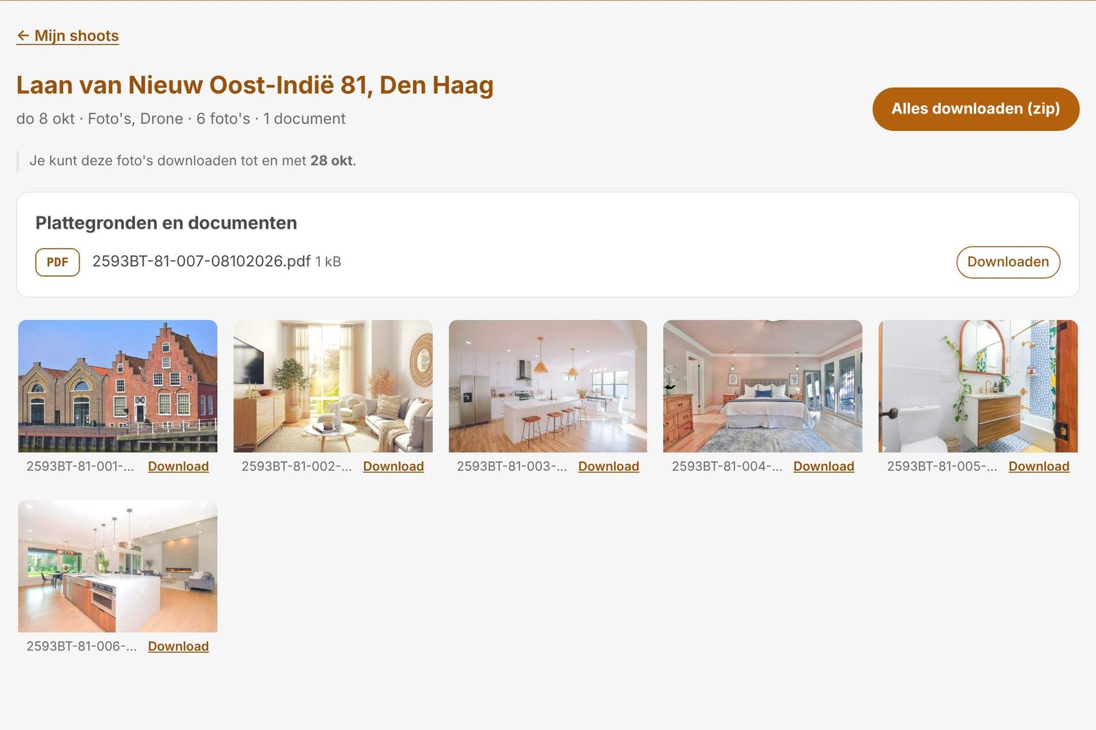 Makelaar ziet de opgeleverde foto's en kan alles als zip downloaden
